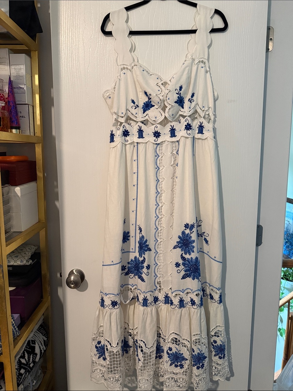 FARM Rio White Maxi Dress with Blue Floral Embroidery